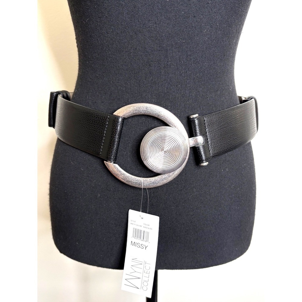 NWT Wynne Collection Black Wide Belt Silver Circle Buckle Fits Waist 29-44in